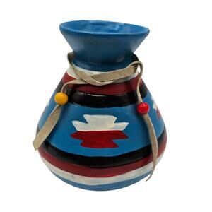 Vintage 1990s 3.5" Tall Hand Painted native American Style Pottery Vase Aztec